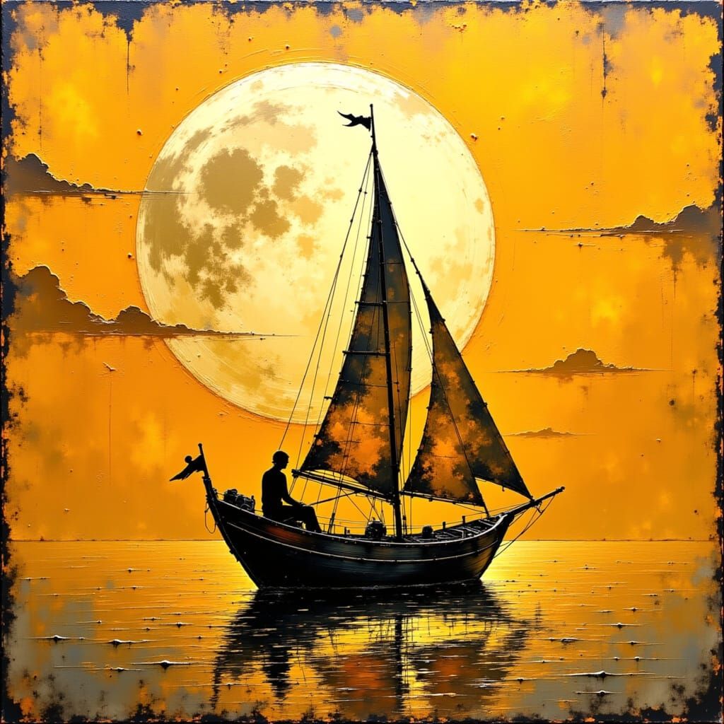 Vintage Sailboat on Golden Sea: Impasto Oil Painting