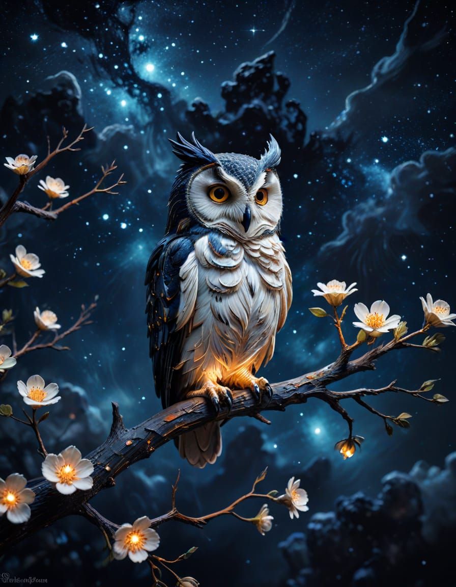 Whimsical Tree Silhouette with Owl in Moody Night Sky
