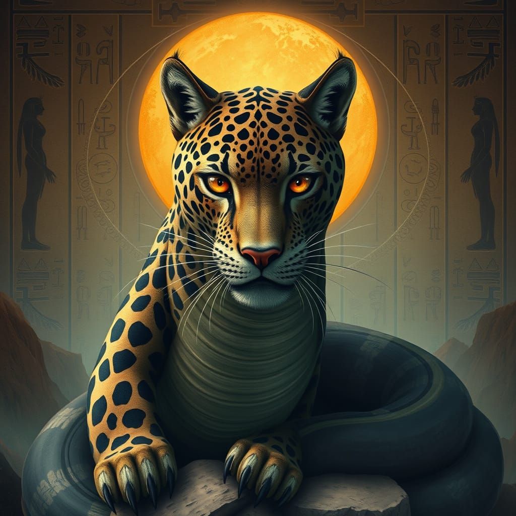 Mystical Serpopard with Egyptian Hieroglyphics