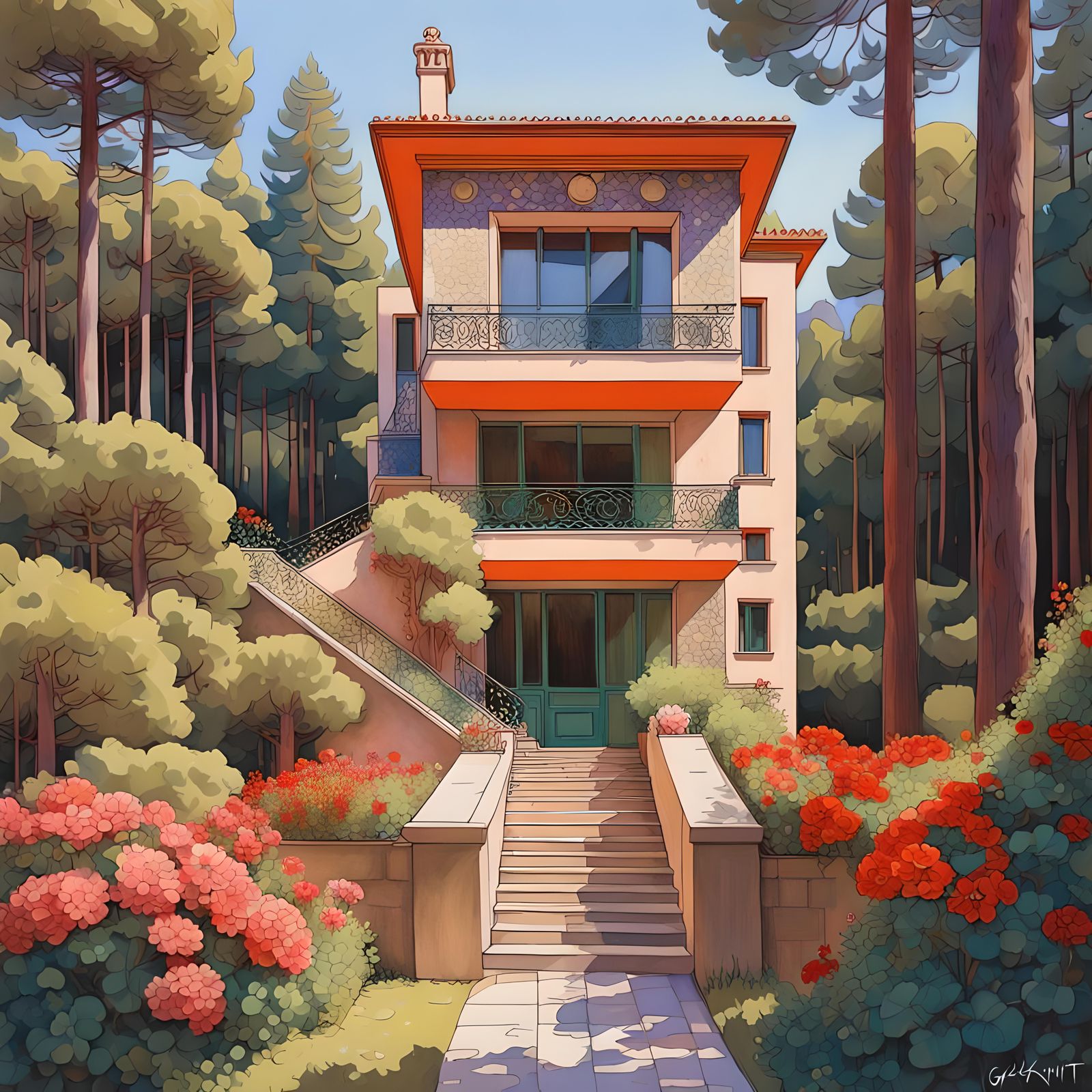 Colorful Modernist Villa in Barcelona: Klimt-Inspired Sketch