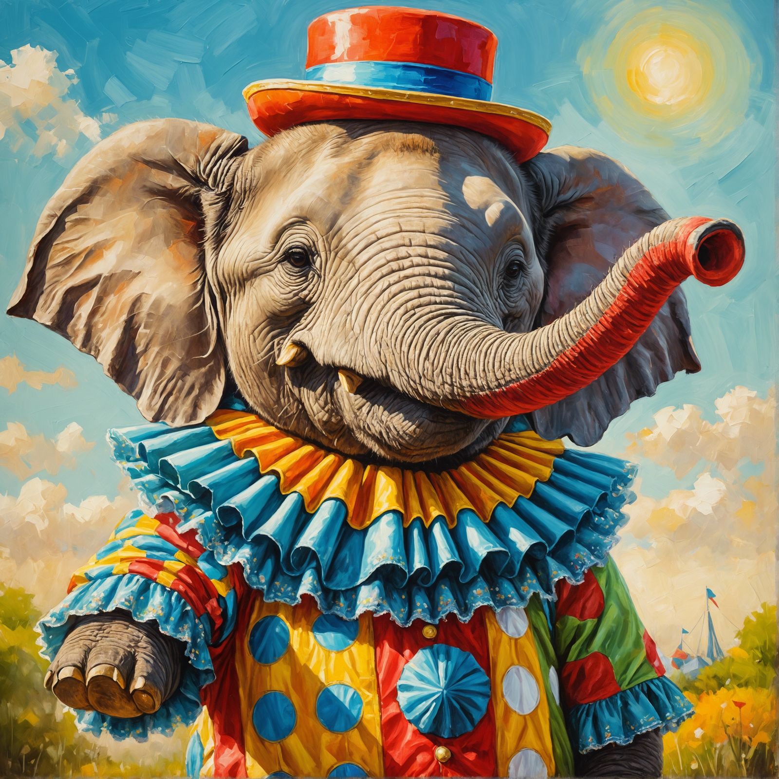 Elephant Clown in Circus Costume as Oil Painting