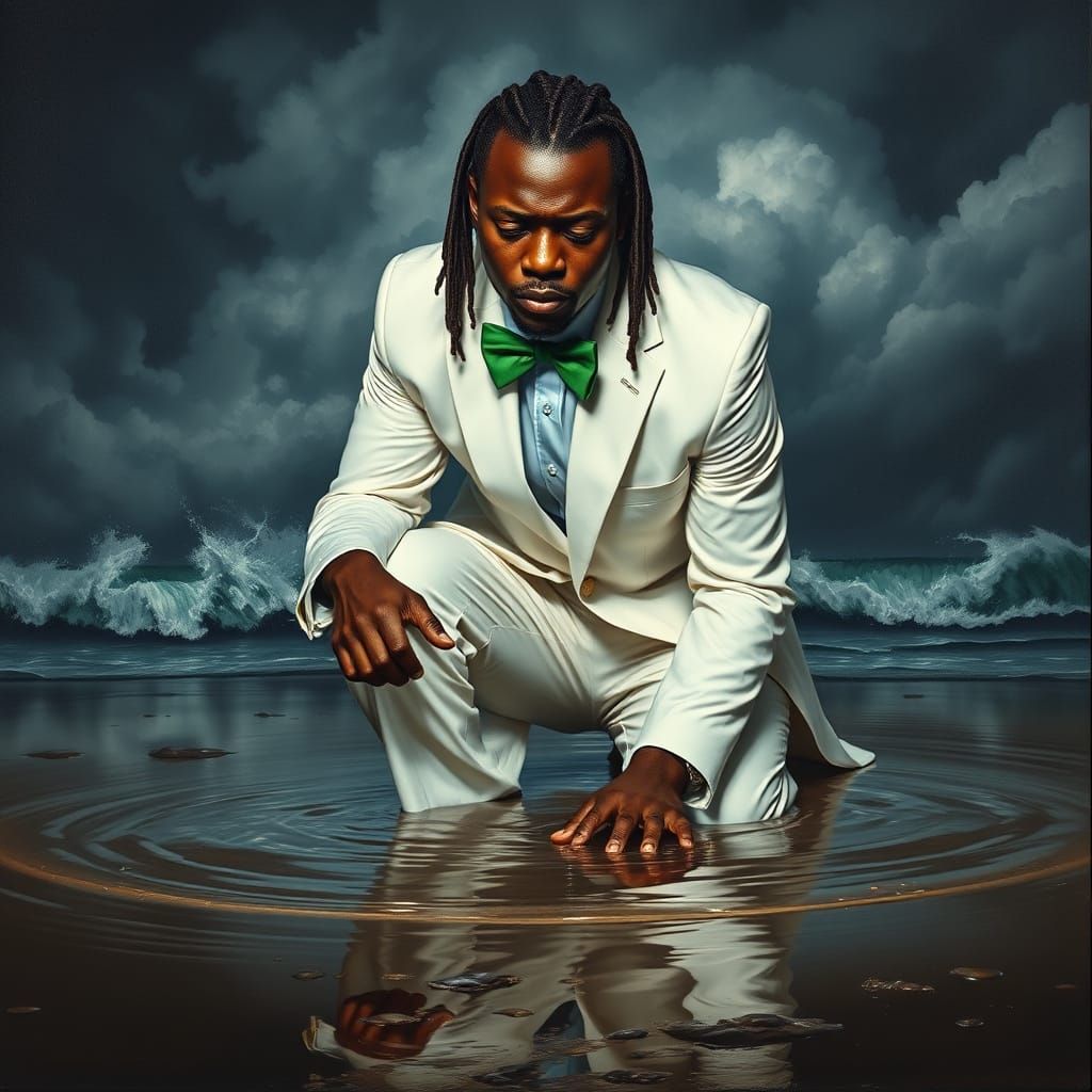 Man in White Suit Crying in Stormy Puddle