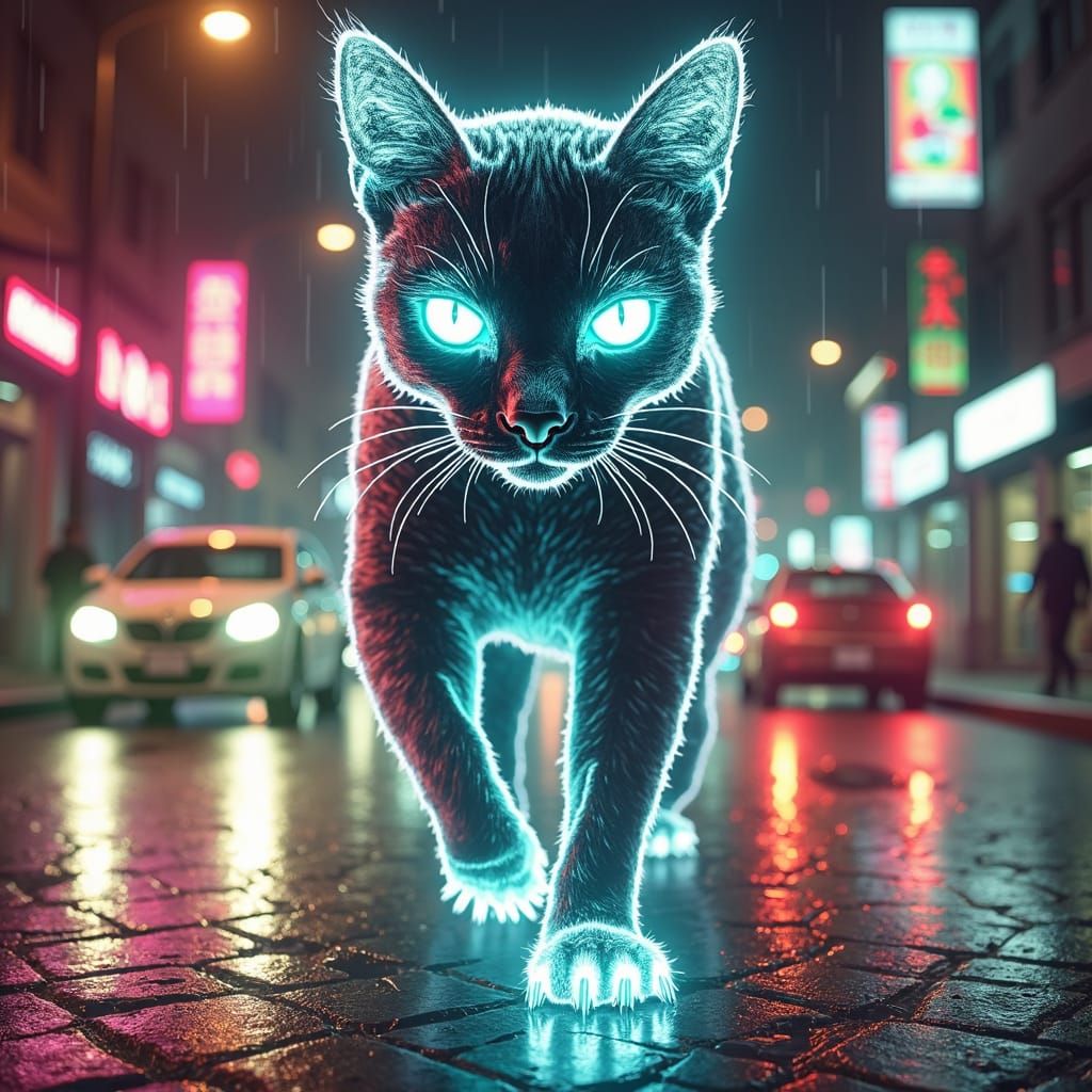 Cyberpunk Cat with Digital Fur and Glowing Eyes