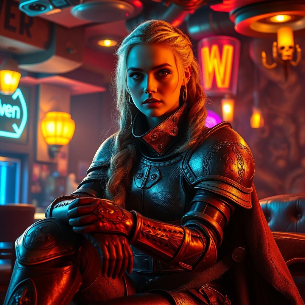 Neon Knight in Alien Tavern, Dark Fantasy Art