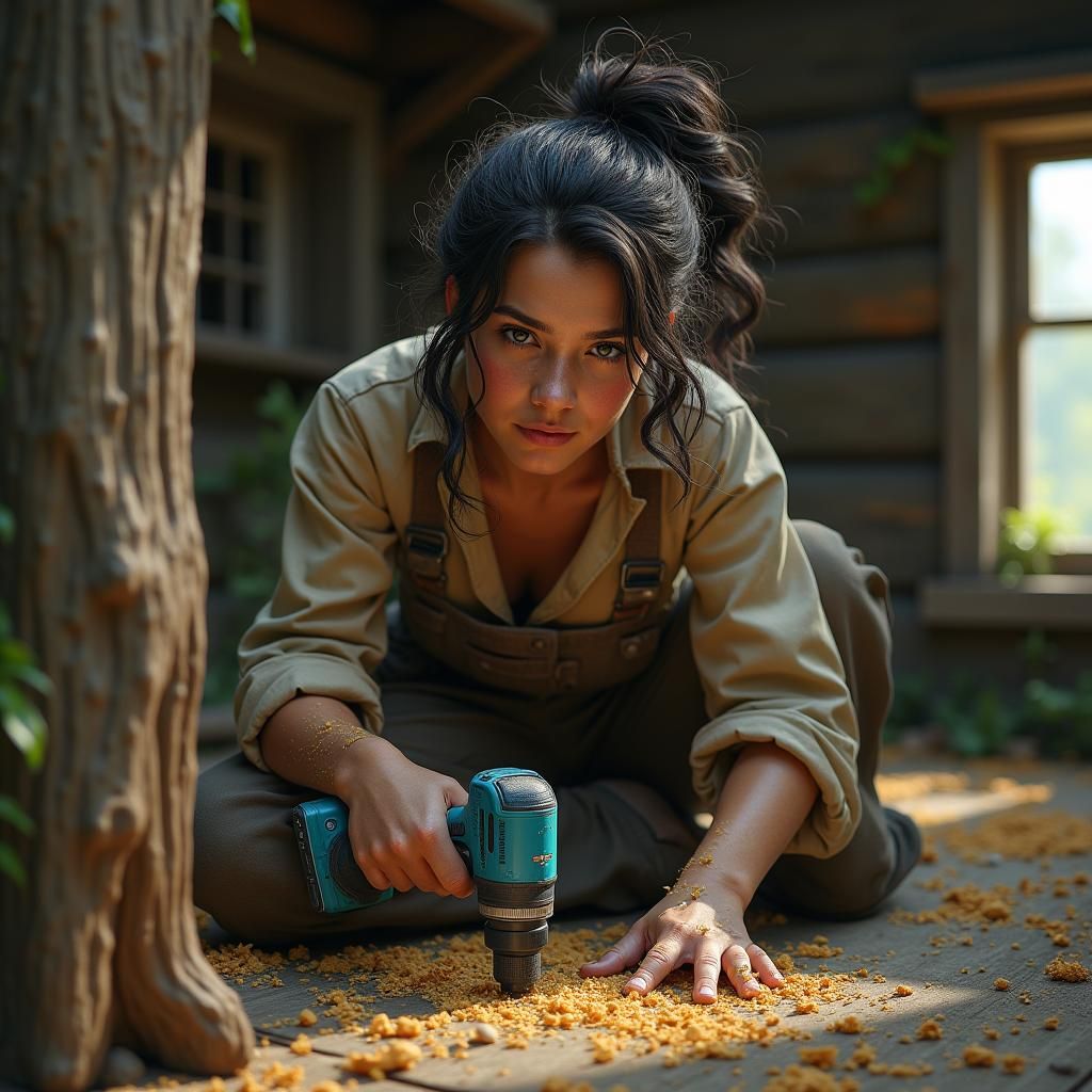 Young Woman Repairs House in Detailed Matte Painting
