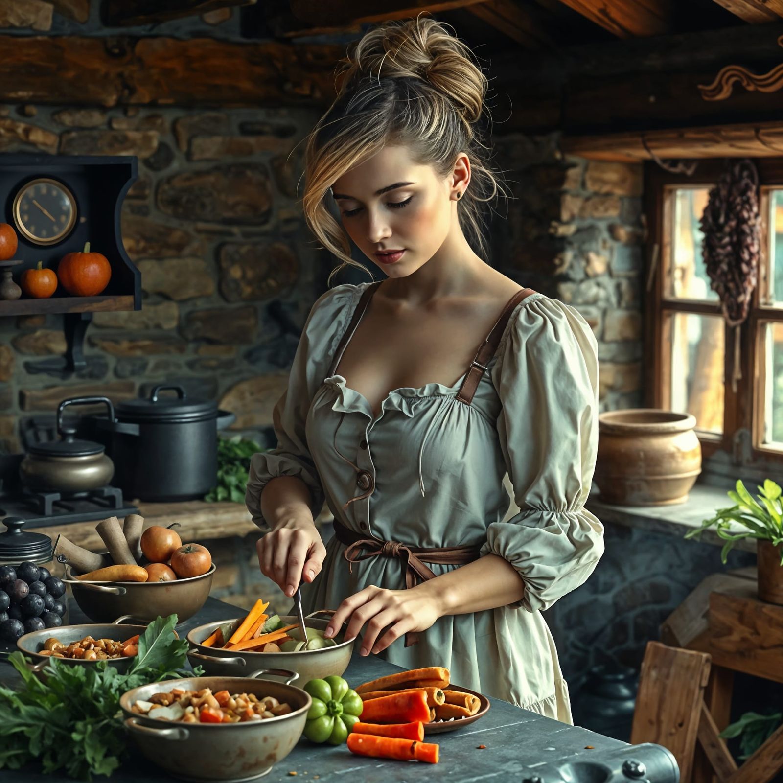 Serene Farmhouse Beauty in Traditional Dress