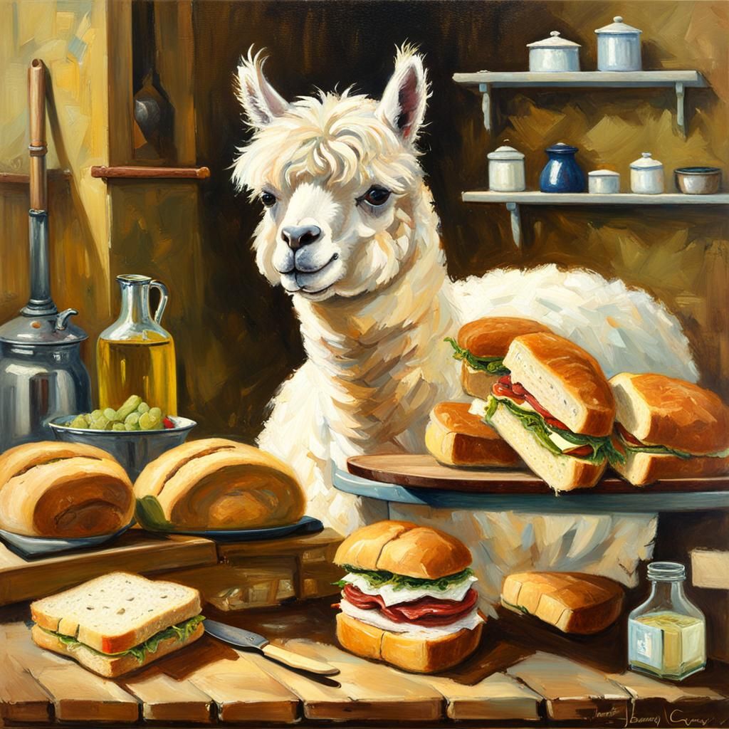 Alpaca Makes Sandwiches: Oil Painting Style