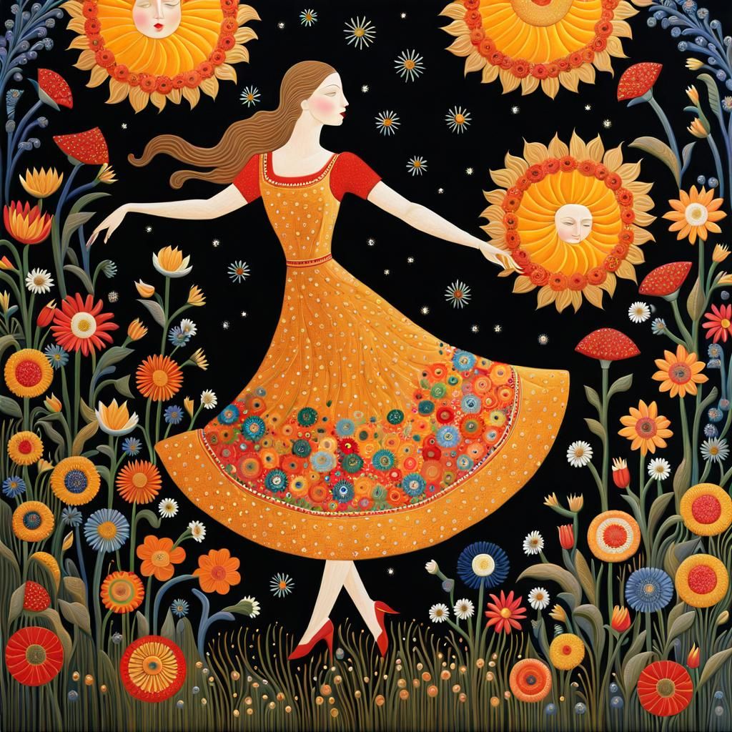 Woman Dancing Among Sun and Moon Flowers