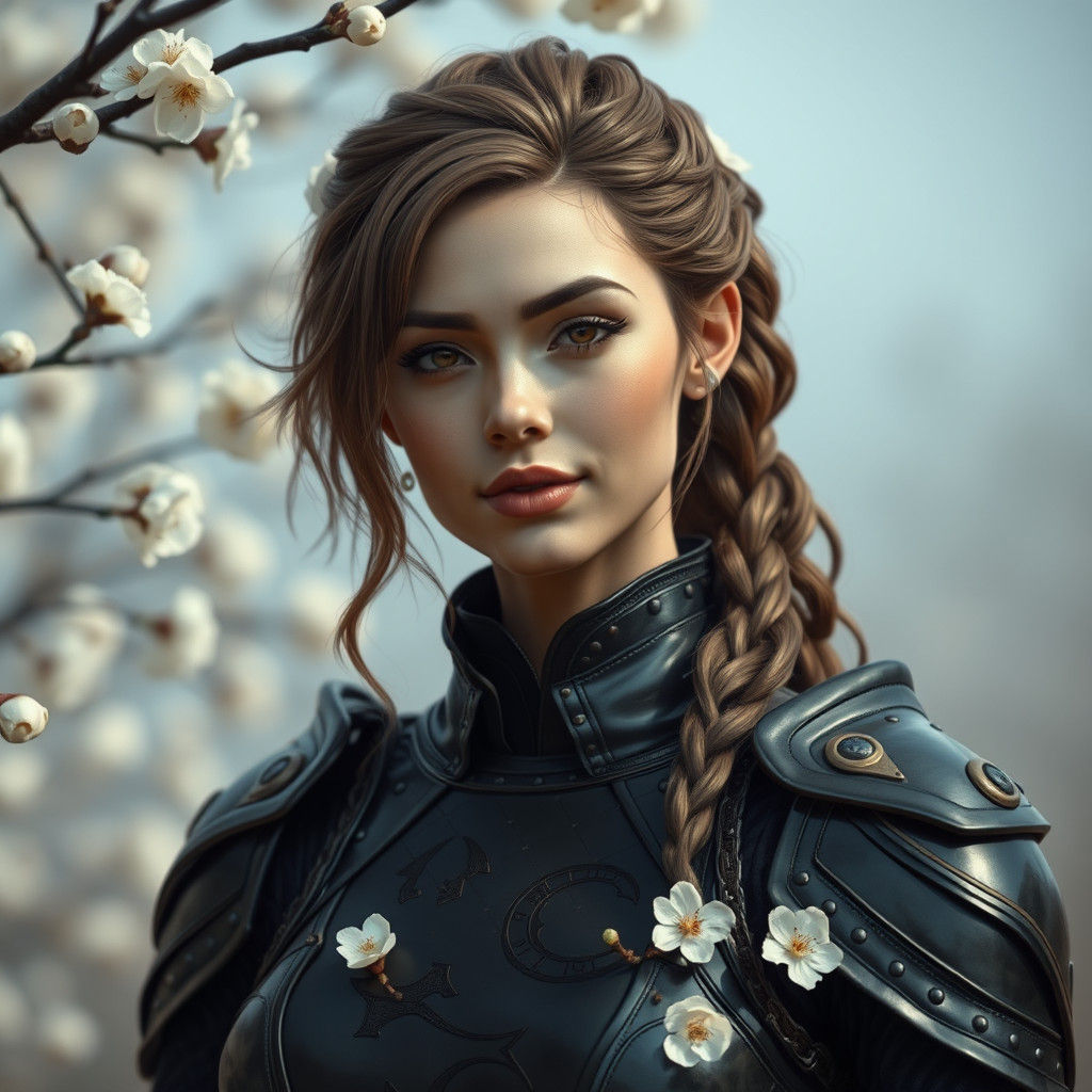 Hyperrealistic Woman in Latex Armor with Blossoms