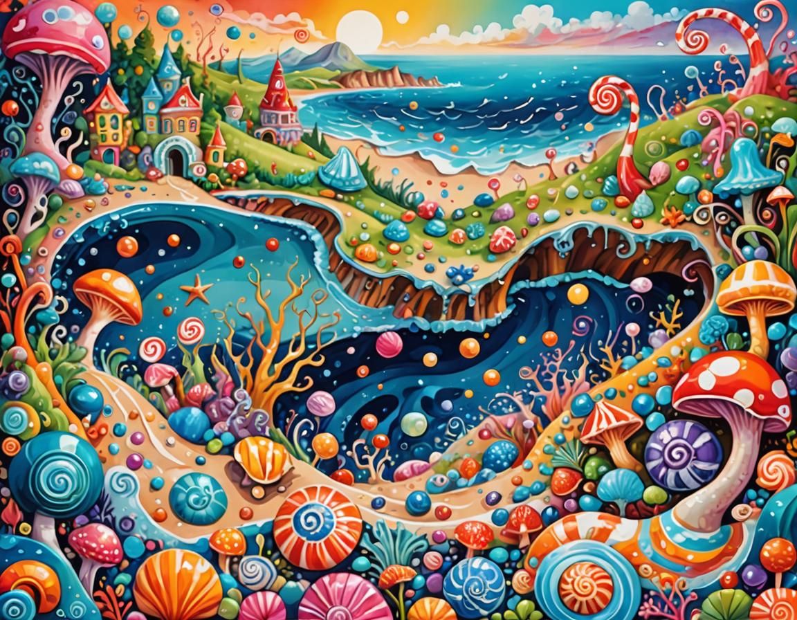 Surreal Shoreline Landscape with Exotic Sea Creatures