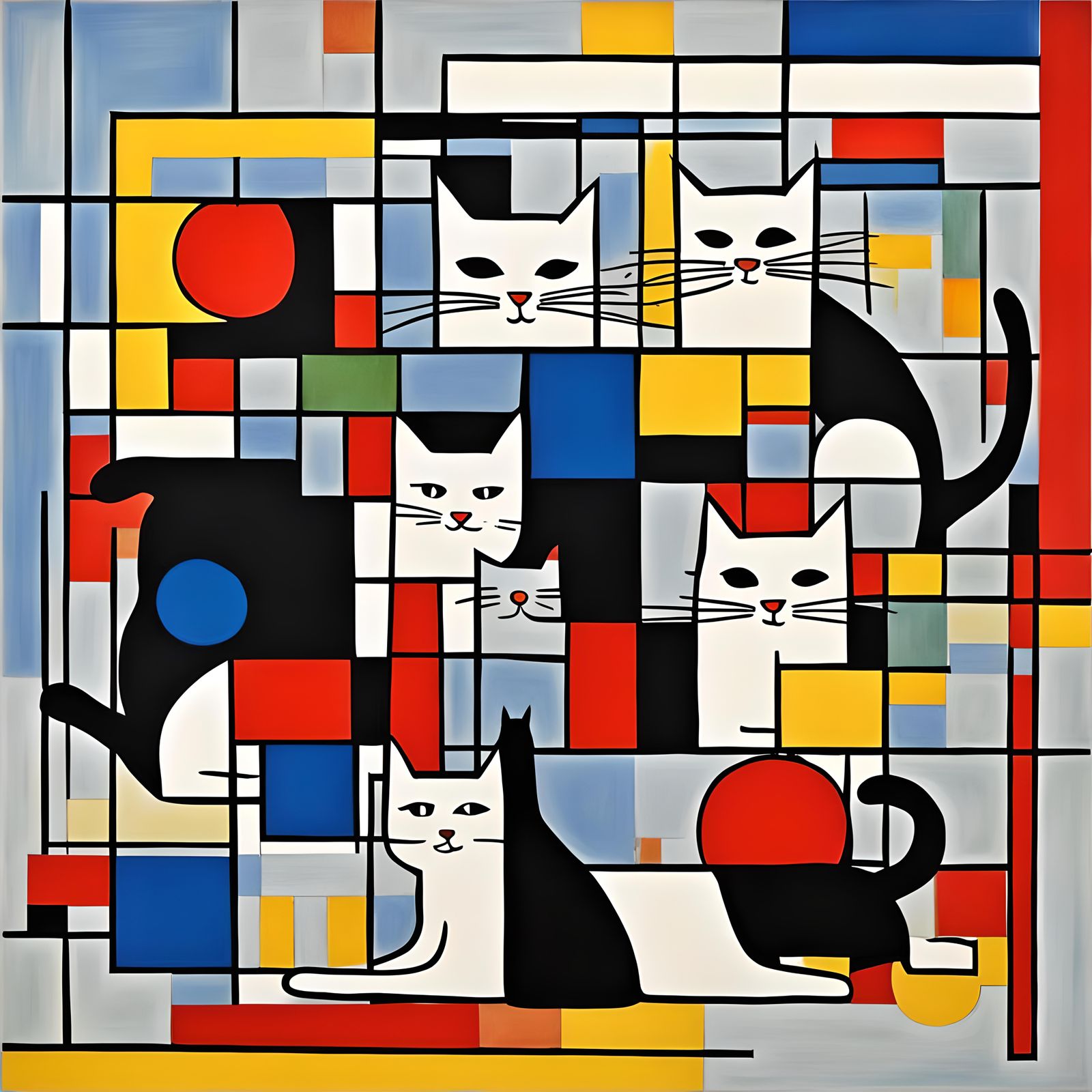 Cats Explore a Geometric Abstract Painting