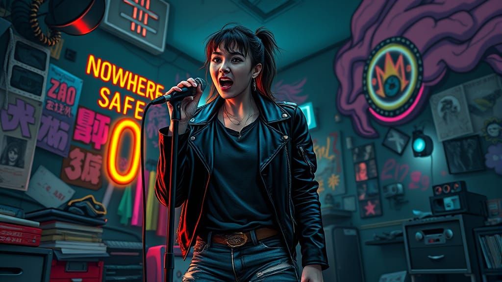 Nerdy Tomboy Shouting in Cyberpunk Bedroom, Art Deco Style