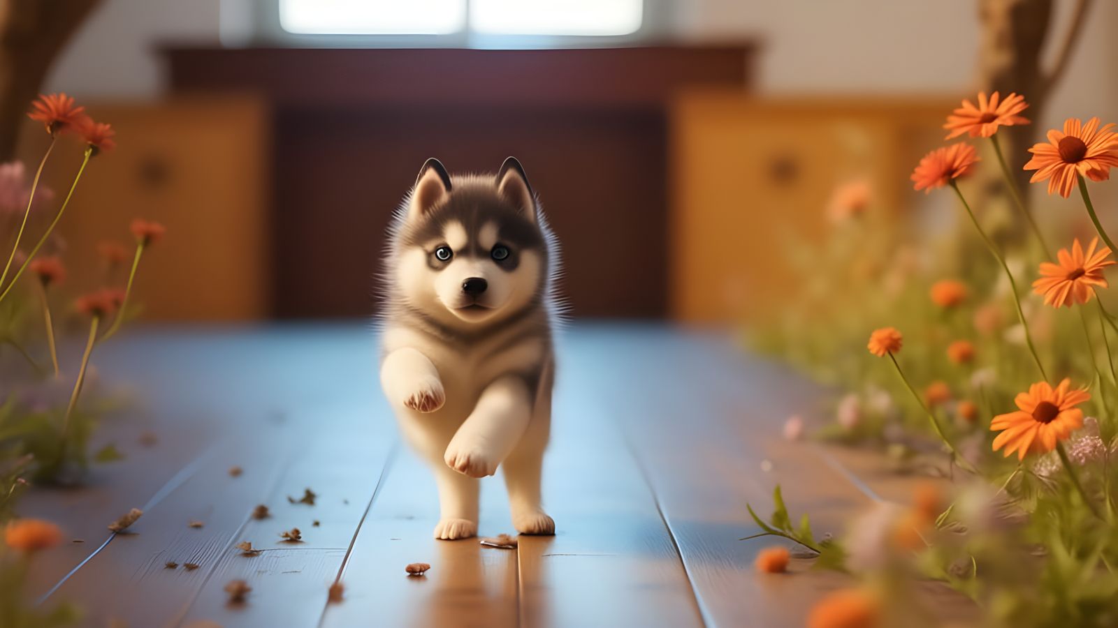 Siberian Husky Puppy Playing in Brushed Oils Style