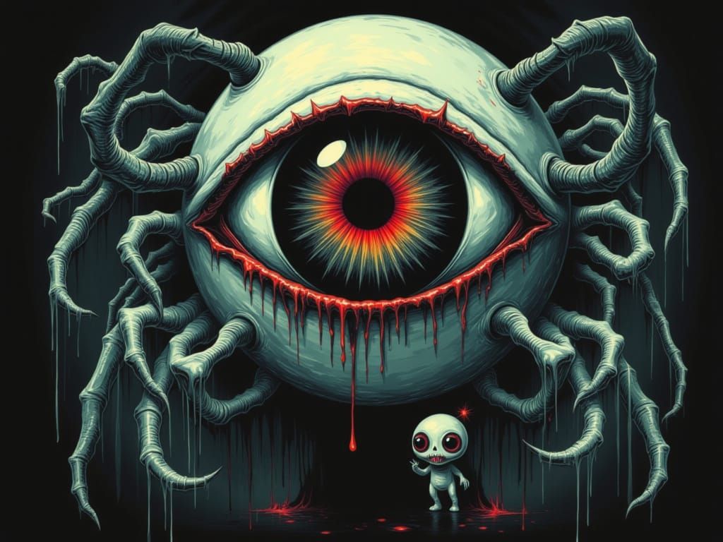 Eyeball and Alien Holding Hands in Abstract Horror