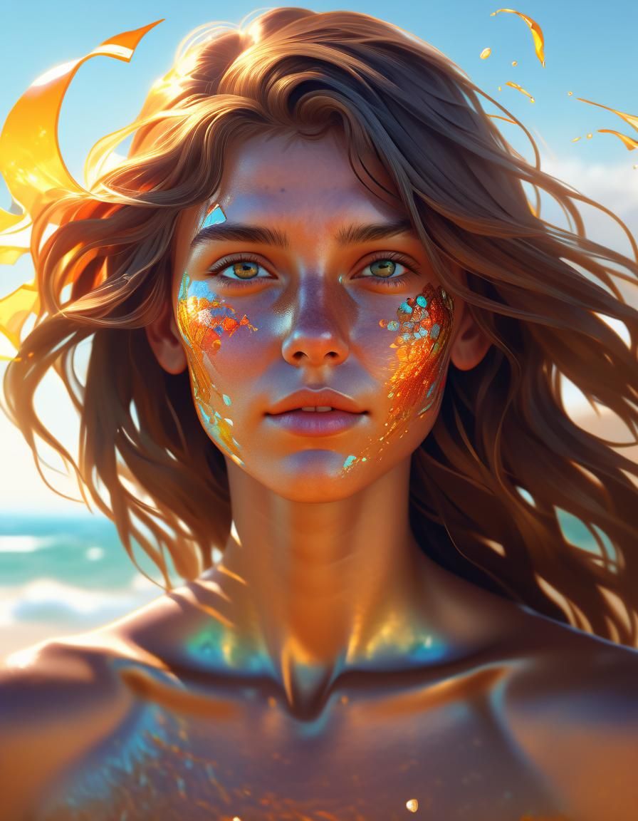 Nude Woman on Sunny Beach: Digital Art Portrait