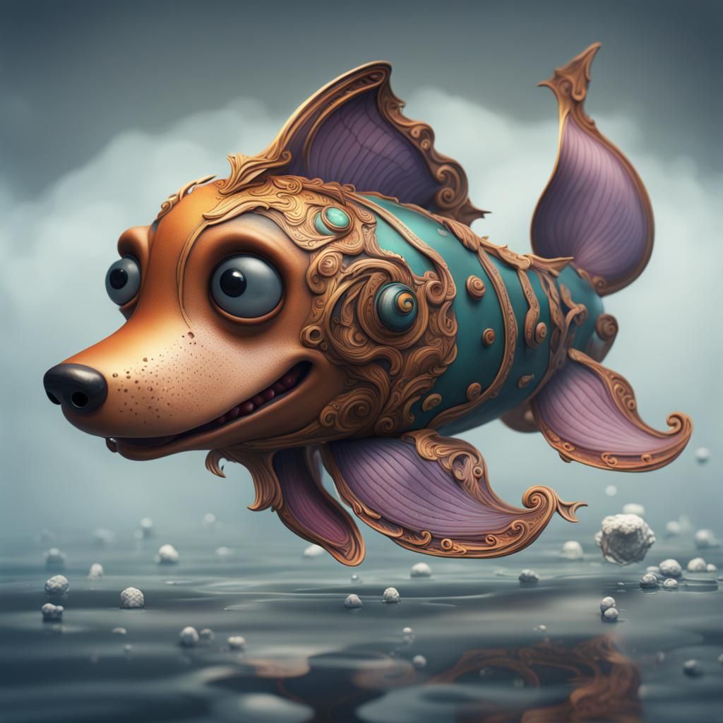 Fantastical Weiner Dog Fish in Detailed Digital Painting