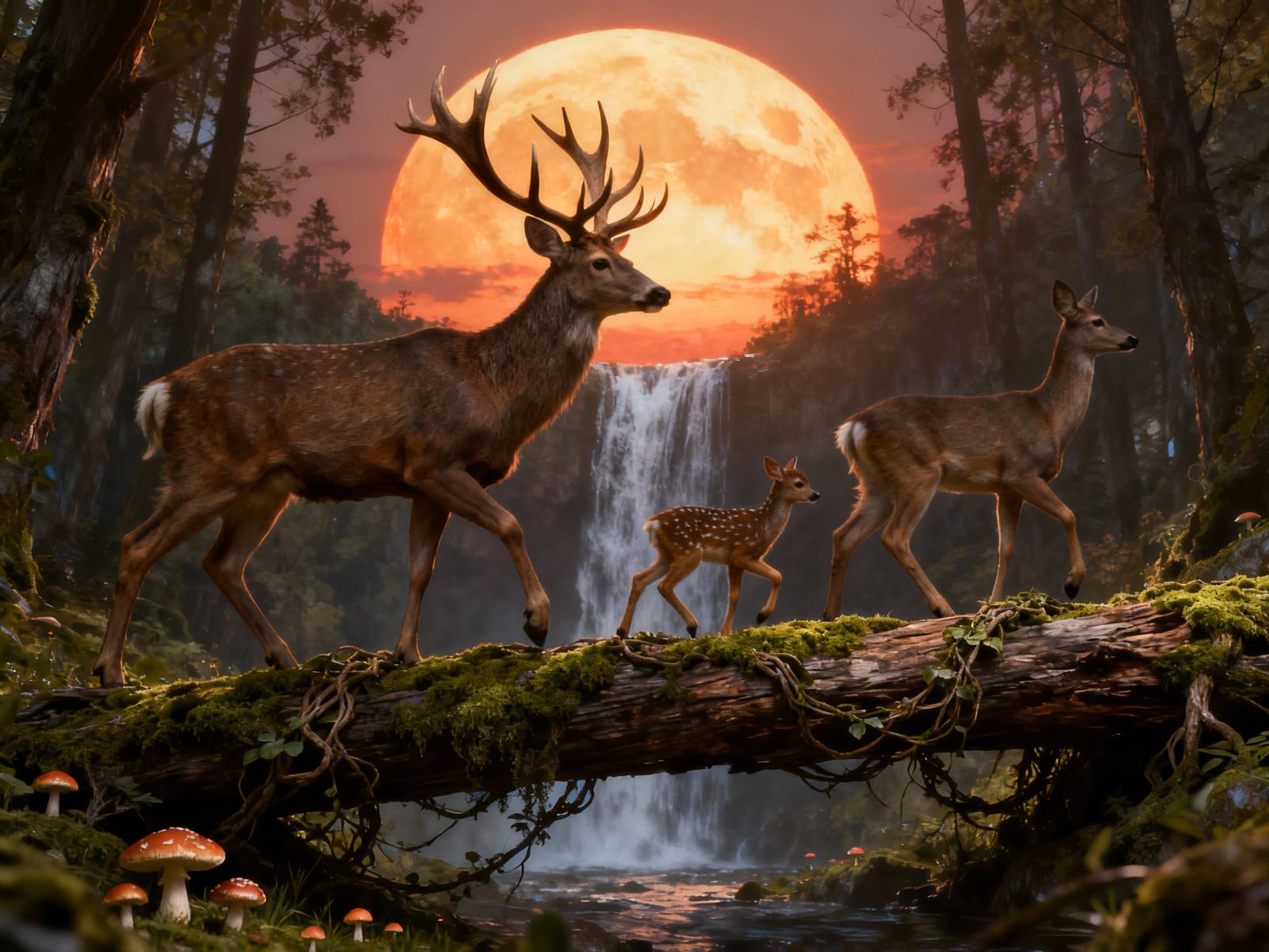 Deer Family Crossing Mossy Log Bridge at Sunset
