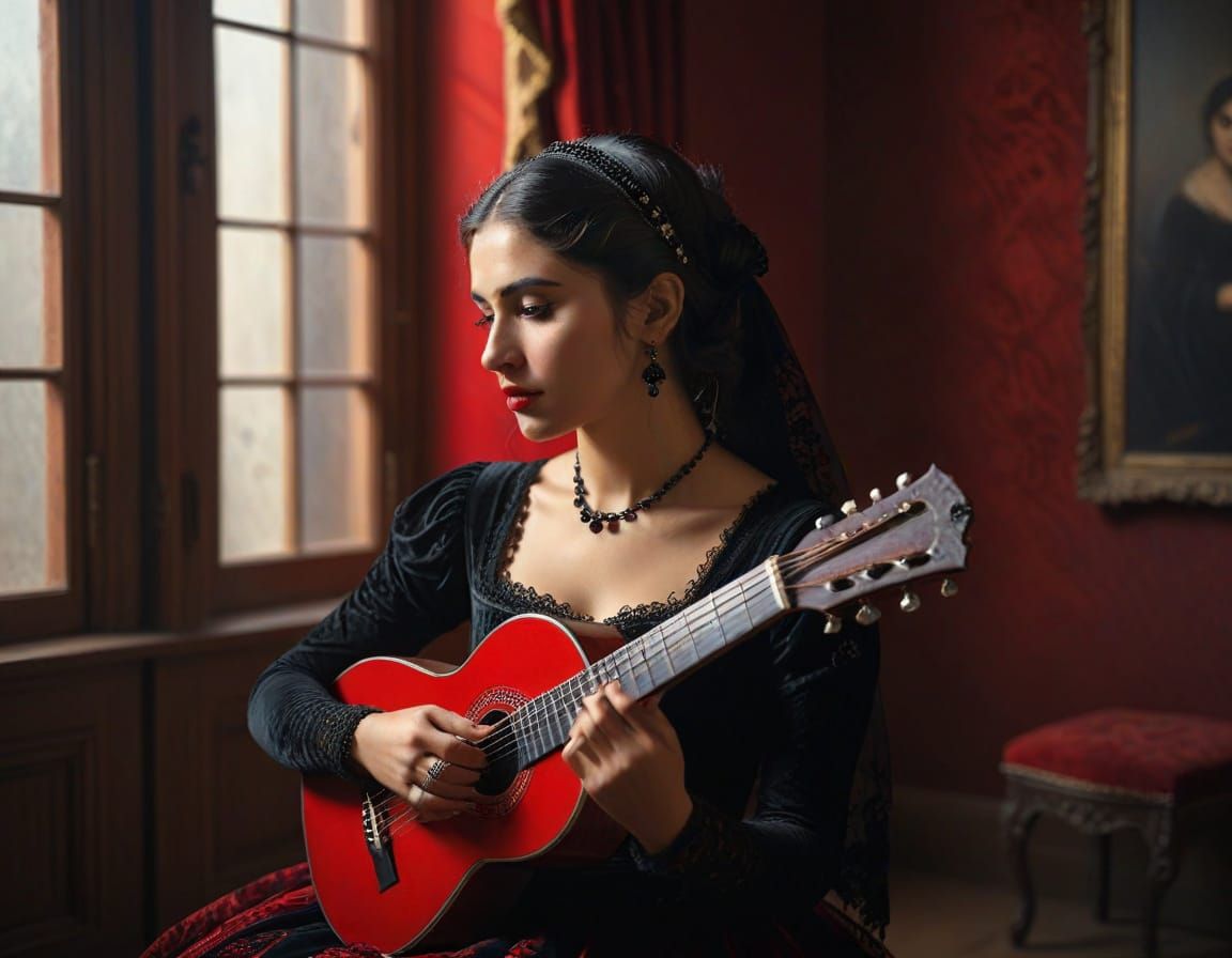 Melancholic Romani Woman Plays Guitar in Photo-Realistic Sty...