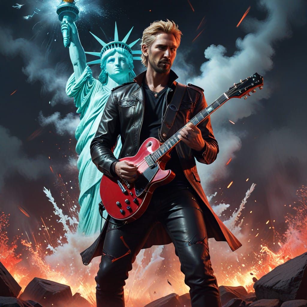 Rock Star in Fantasy Concert Scene with Spinning Water and S...