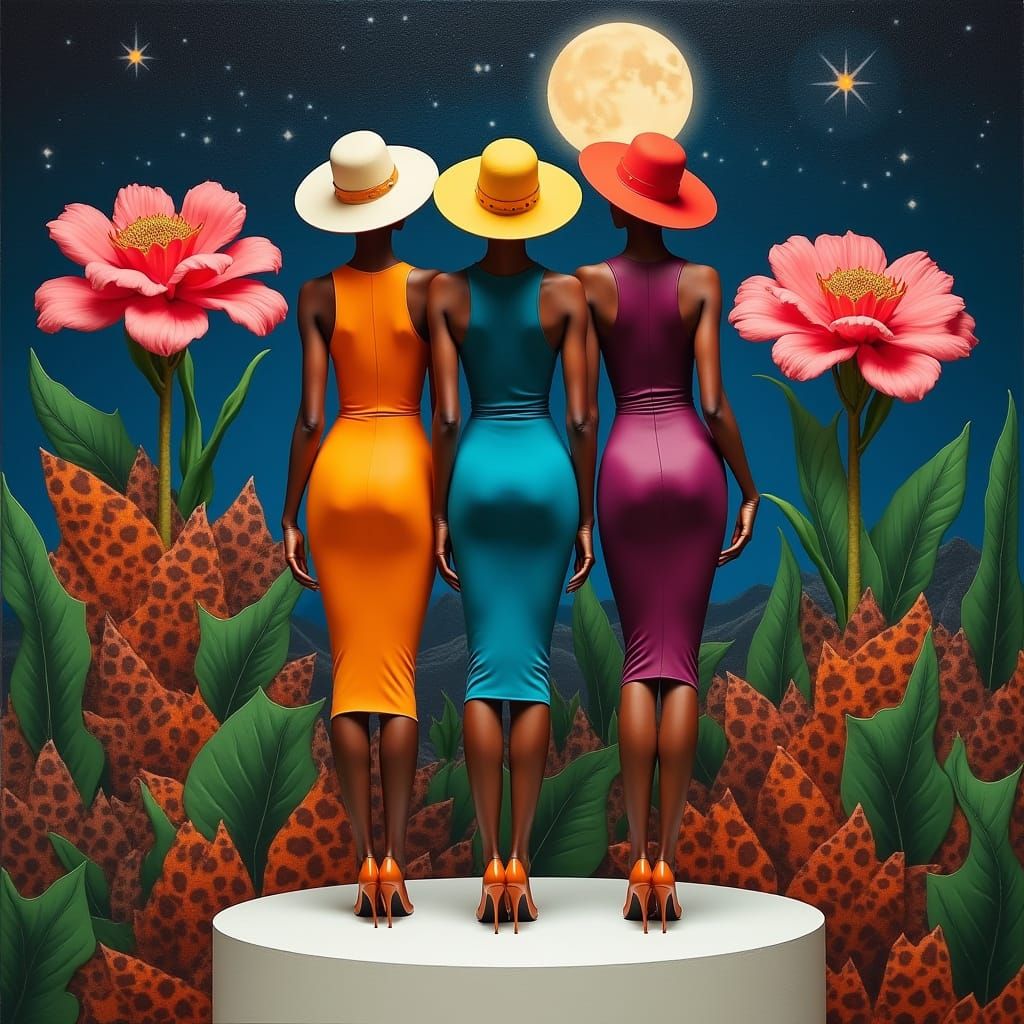 Women in Vibrant Dresses Pose on Pedestal Under Starry Night...