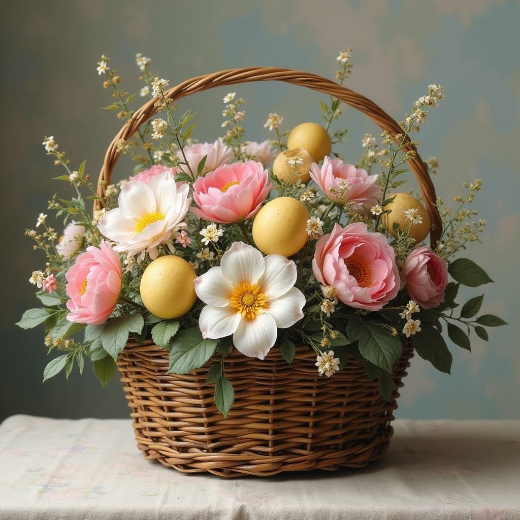 Surreal Easter Basket Filled with Fresh Flowers and Painted ...