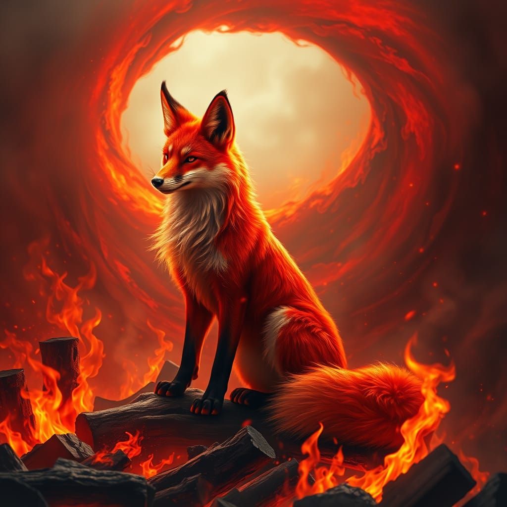 Red Fire Kitsune in Realistic Inferno
