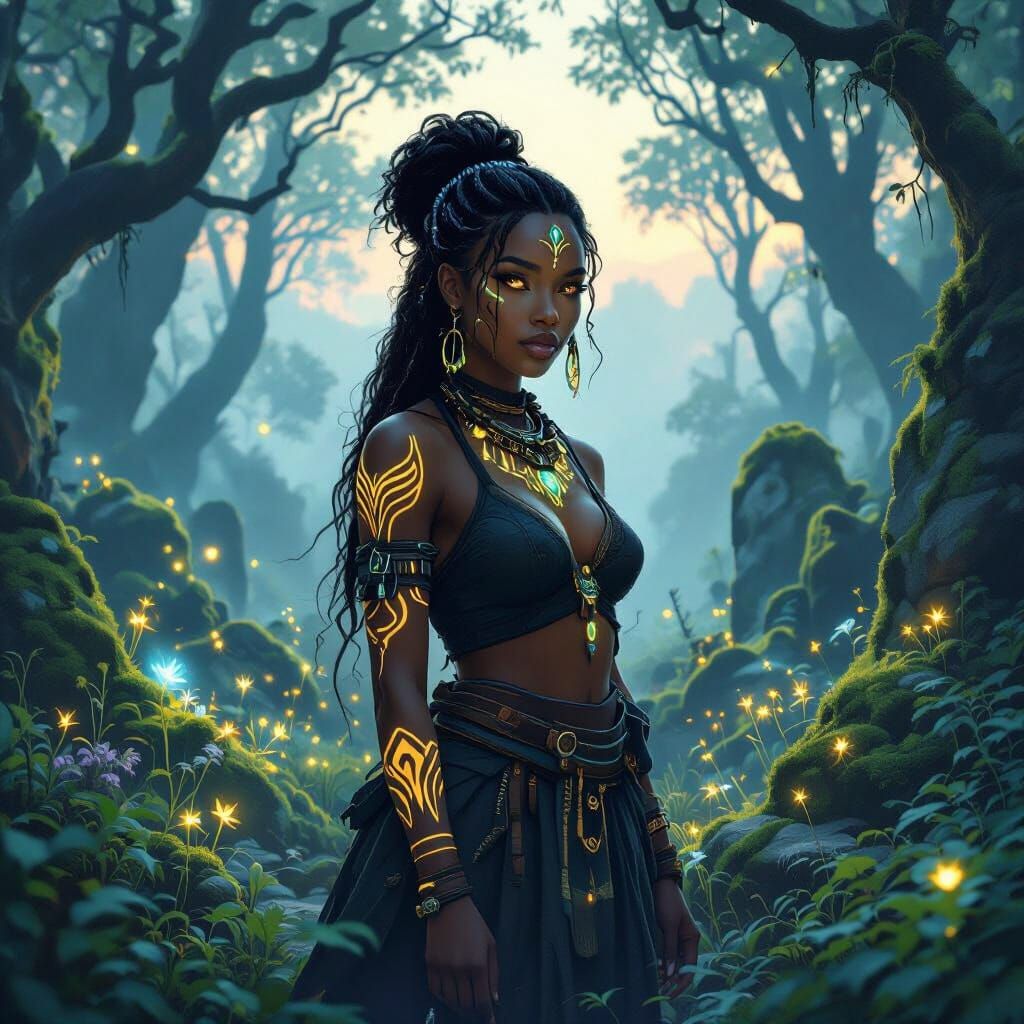 Bioluminescent Woman in Mystical Forest: Digital Fantasy Art