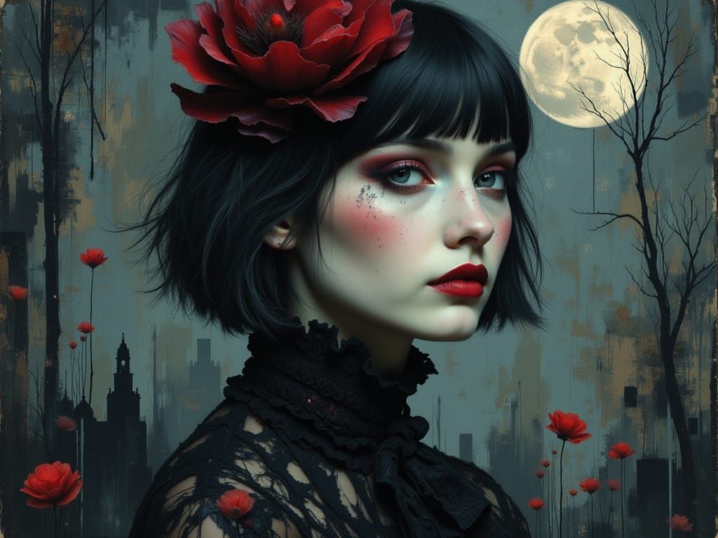 Gothic Woman in Moonlit Circus Noir Fashion