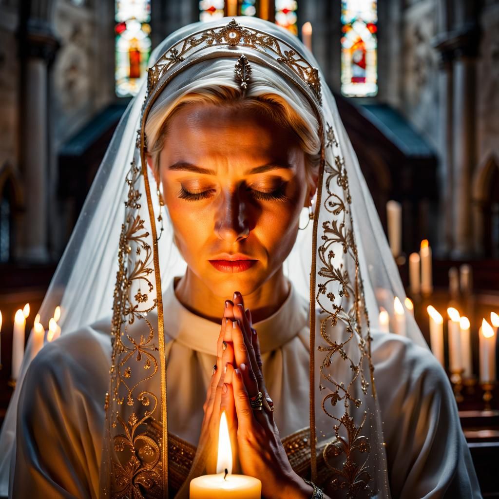 Blonde Girl Praying in Candlelit Church, Hyperrealistic 8K