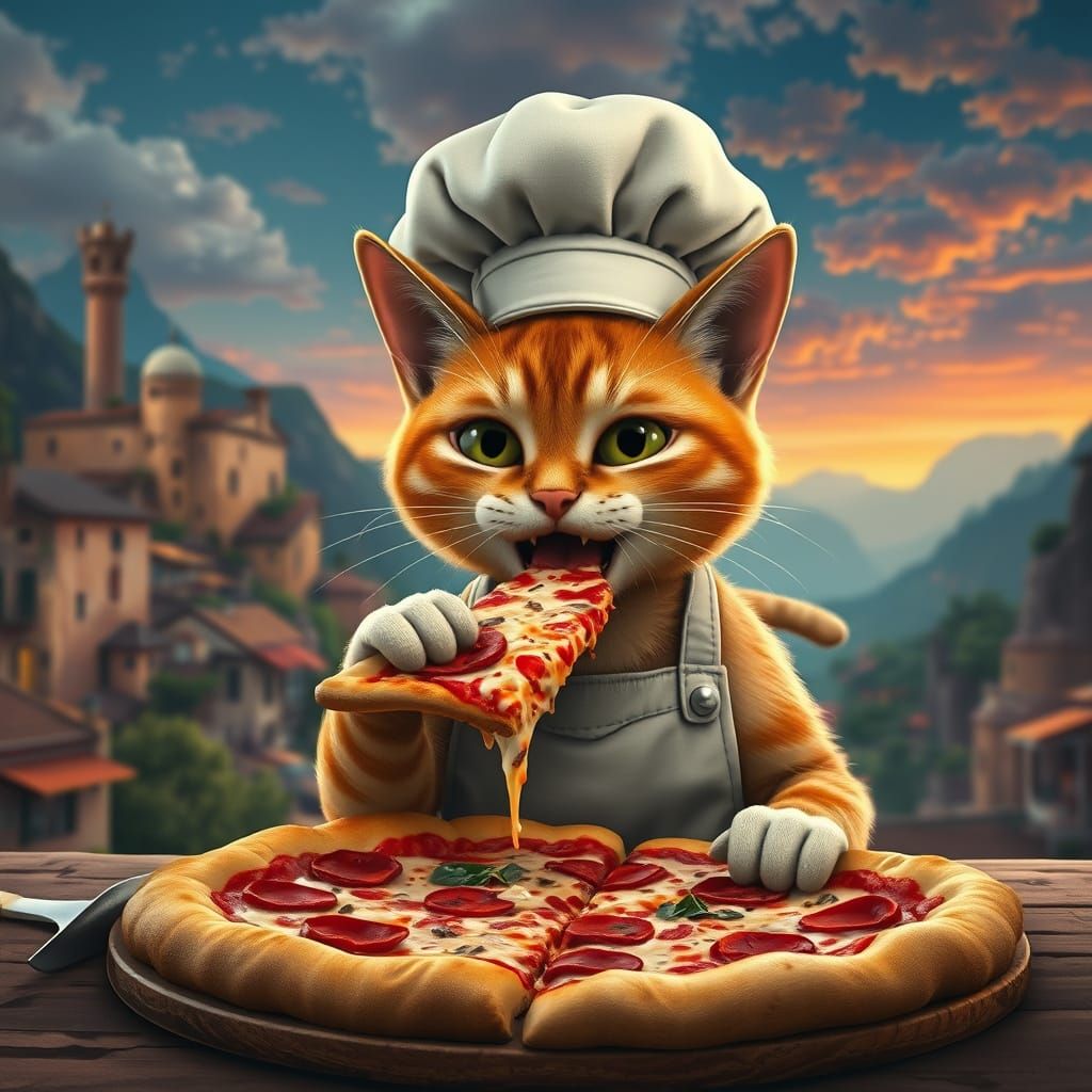 Cat Chef Devouring Pizza in Italian Landscape