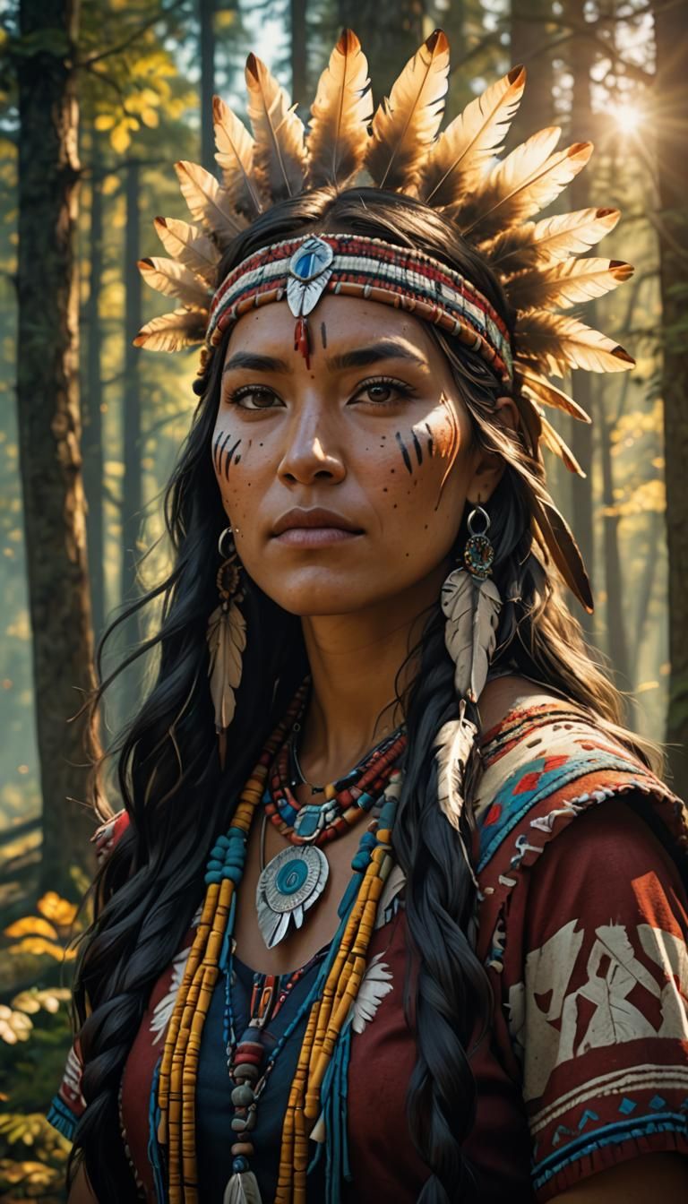 Native American Woman Portrait in Sunny Forest