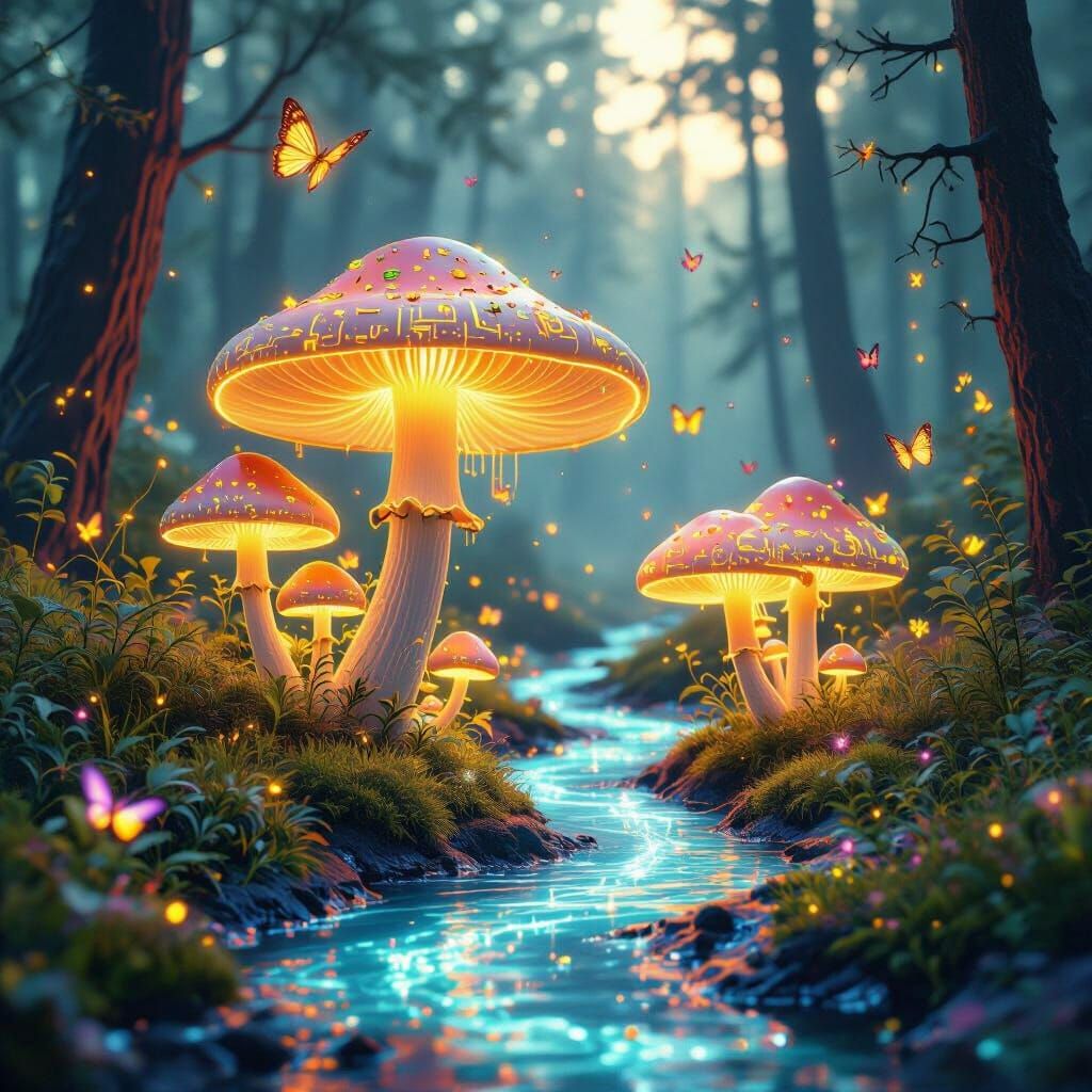 Futuristic Forest Stream with Glowing Mushrooms in Vibrant A...