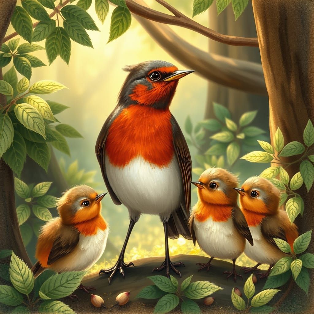 Robin Family Portrait in Whimsical Style
