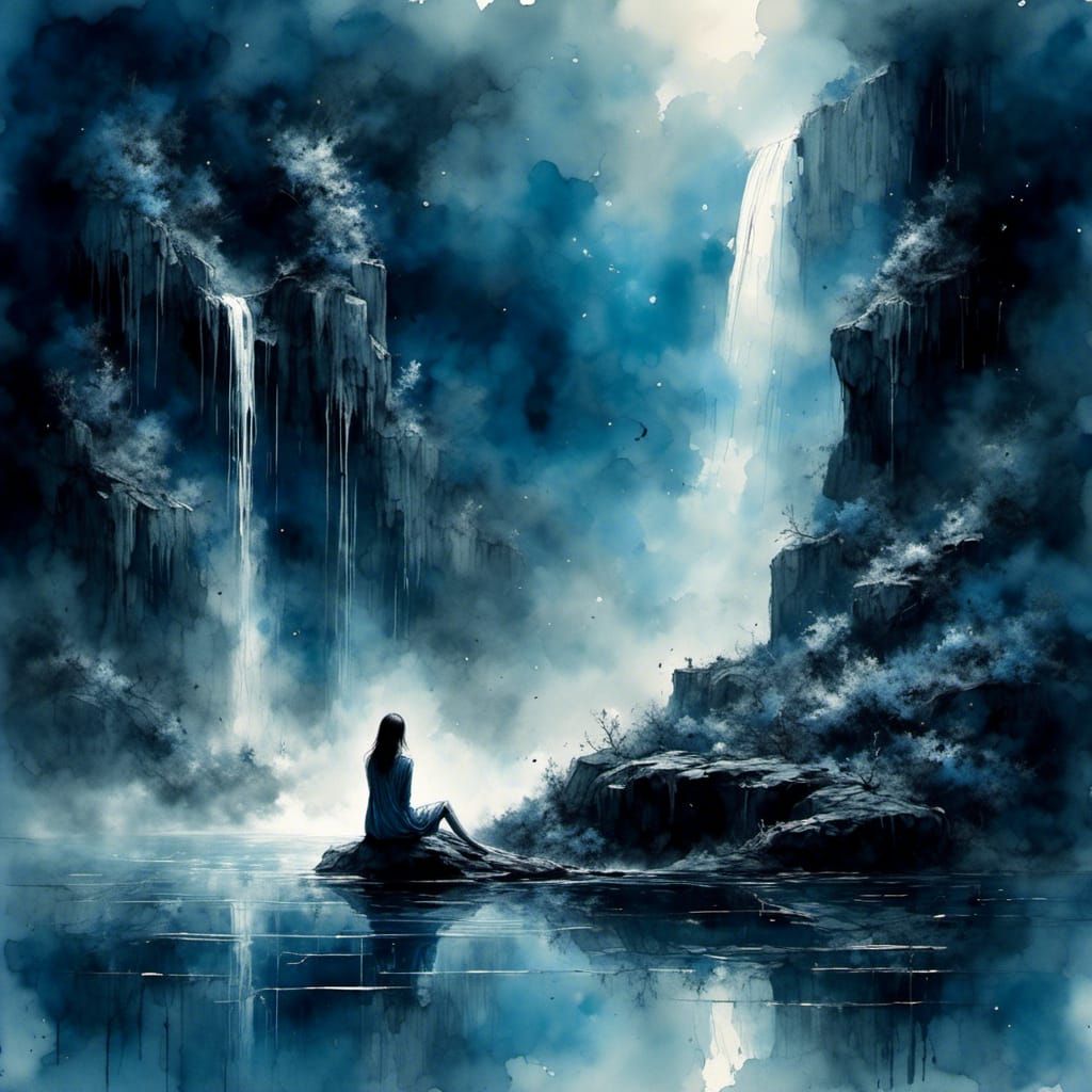 Lonely Girl by Waterfall Watercolor Painting