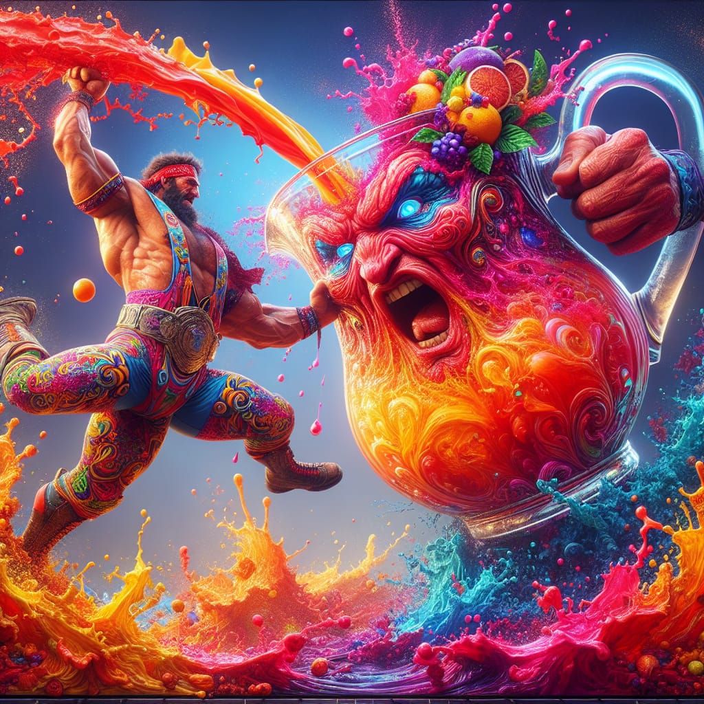 Epic Battle: Wrestler vs. Kool-Aid Man in Matte Painting