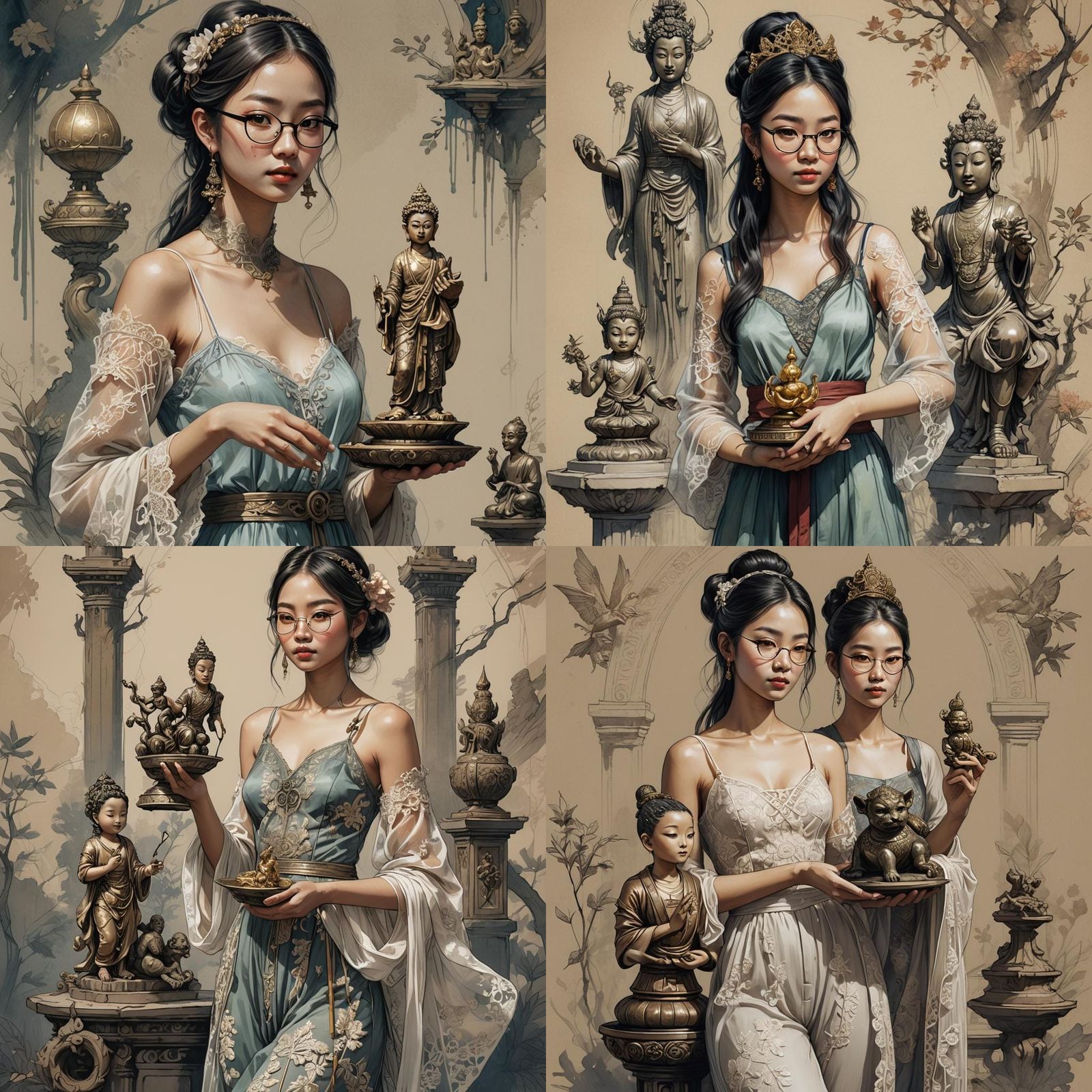 Woman with Oriental God Statue: Detailed Fantasy Art