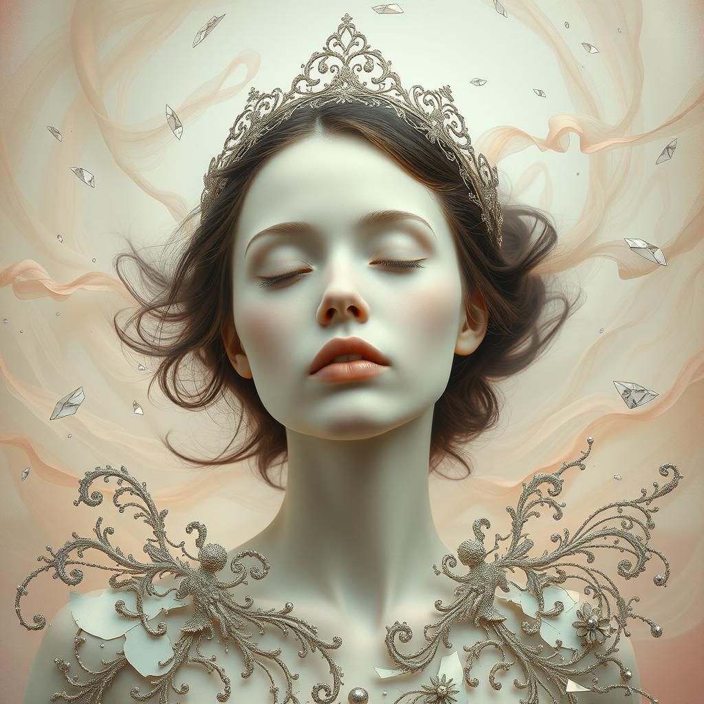 Ethereal Woman Surrounded by Shattered Baroque Filigree