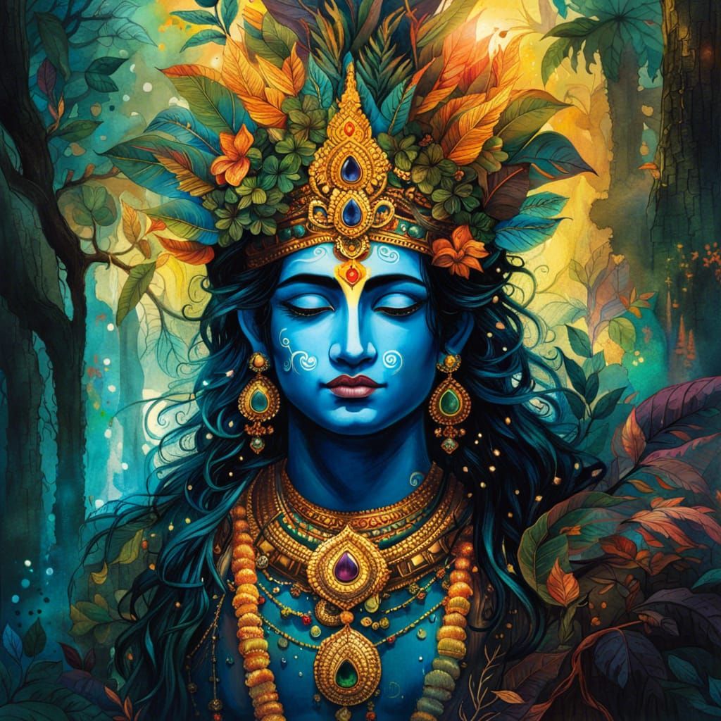 Detailed Portrait of Lord Krishna in Watercolor