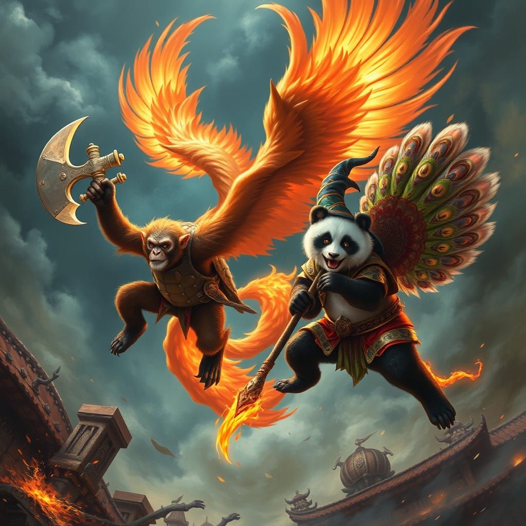 Majestic Monkey Warrior Soars on Fire Wings, Wielding Battle...