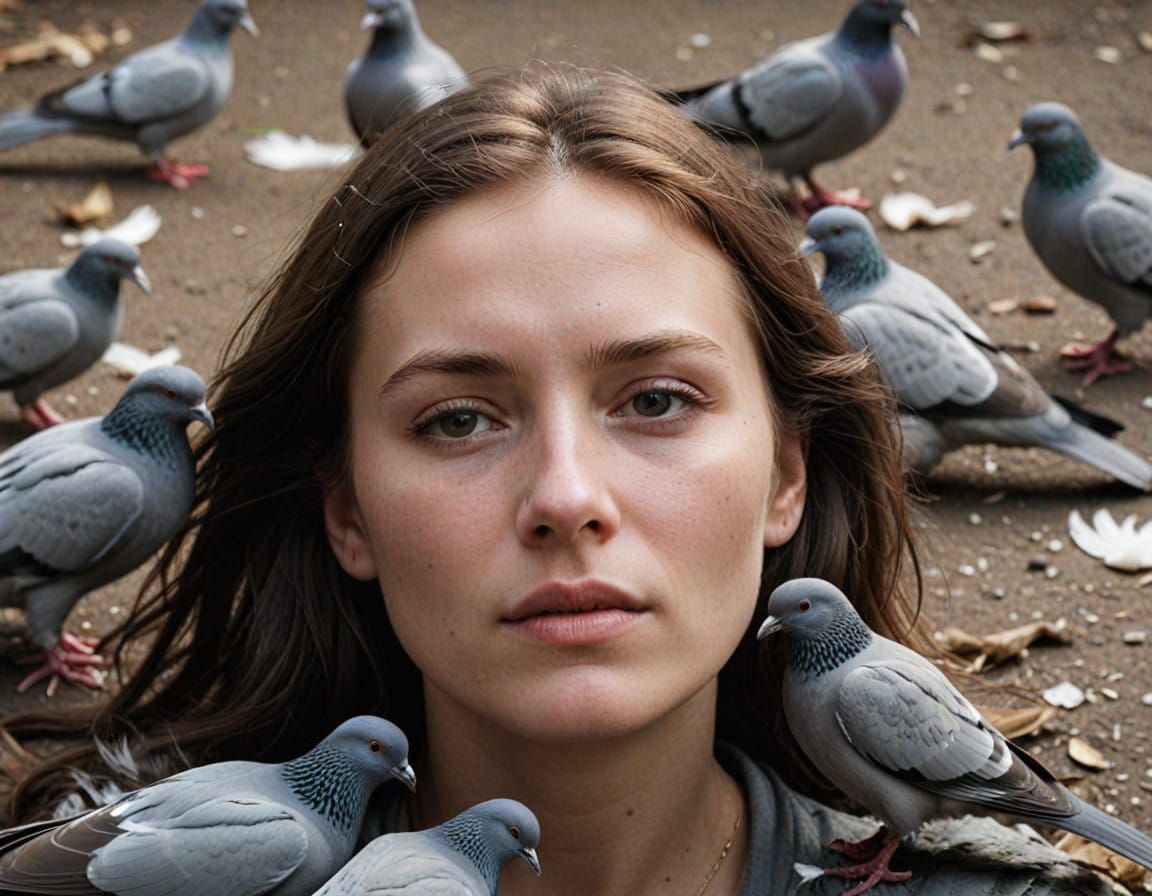 Distressed Figure Surrounded by Pigeon Feathers in Warm Natu...