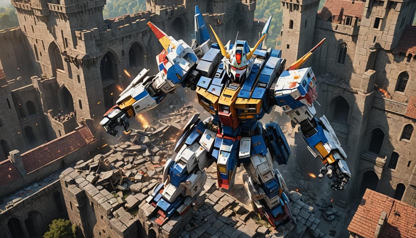 Gundam Robot Crashes Medieval Castle: Fantasy Concept Art