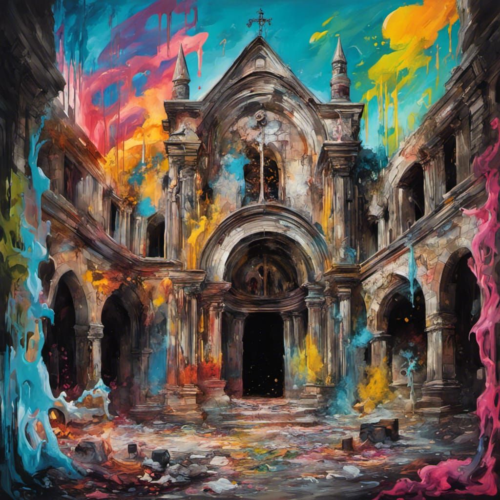 Smoking Monastery Ruins in Graffiti Art Style