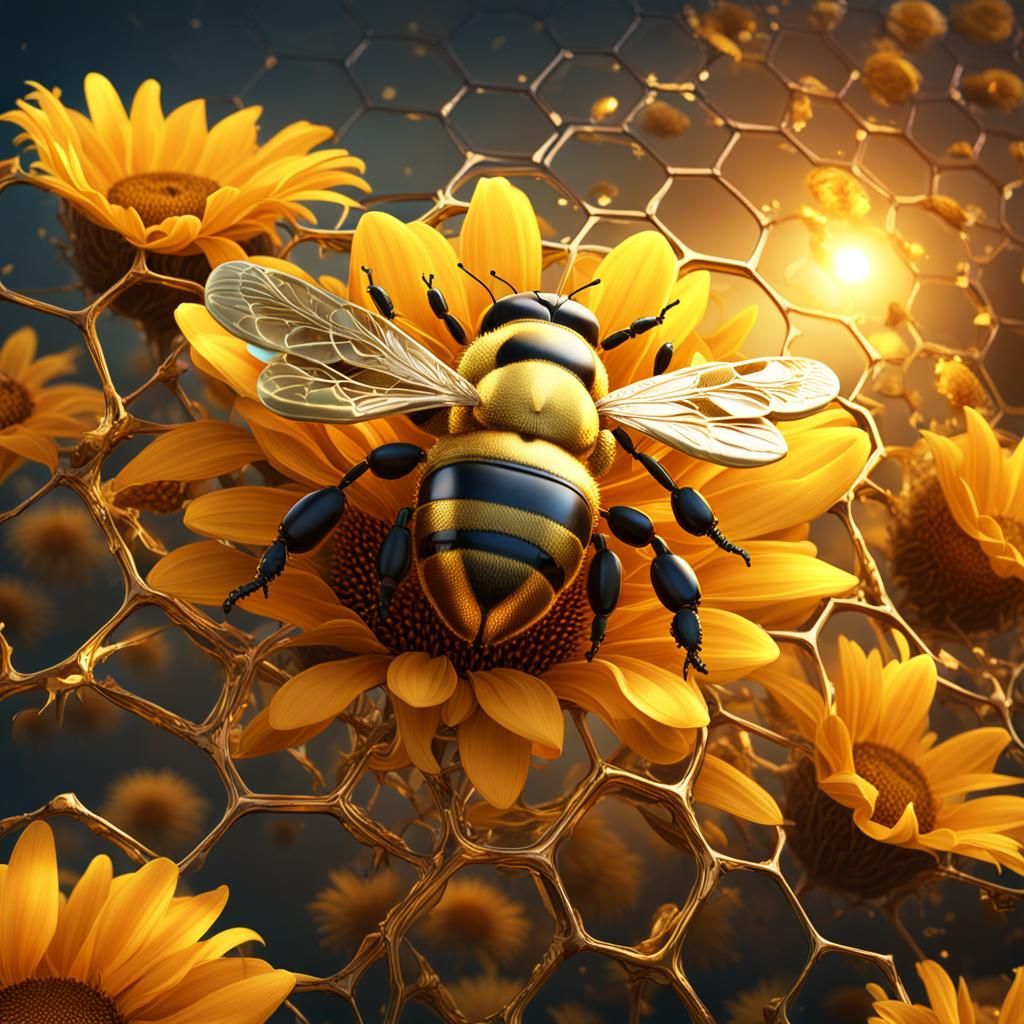 Surreal Golden Sun with Honeycomb and Flowers