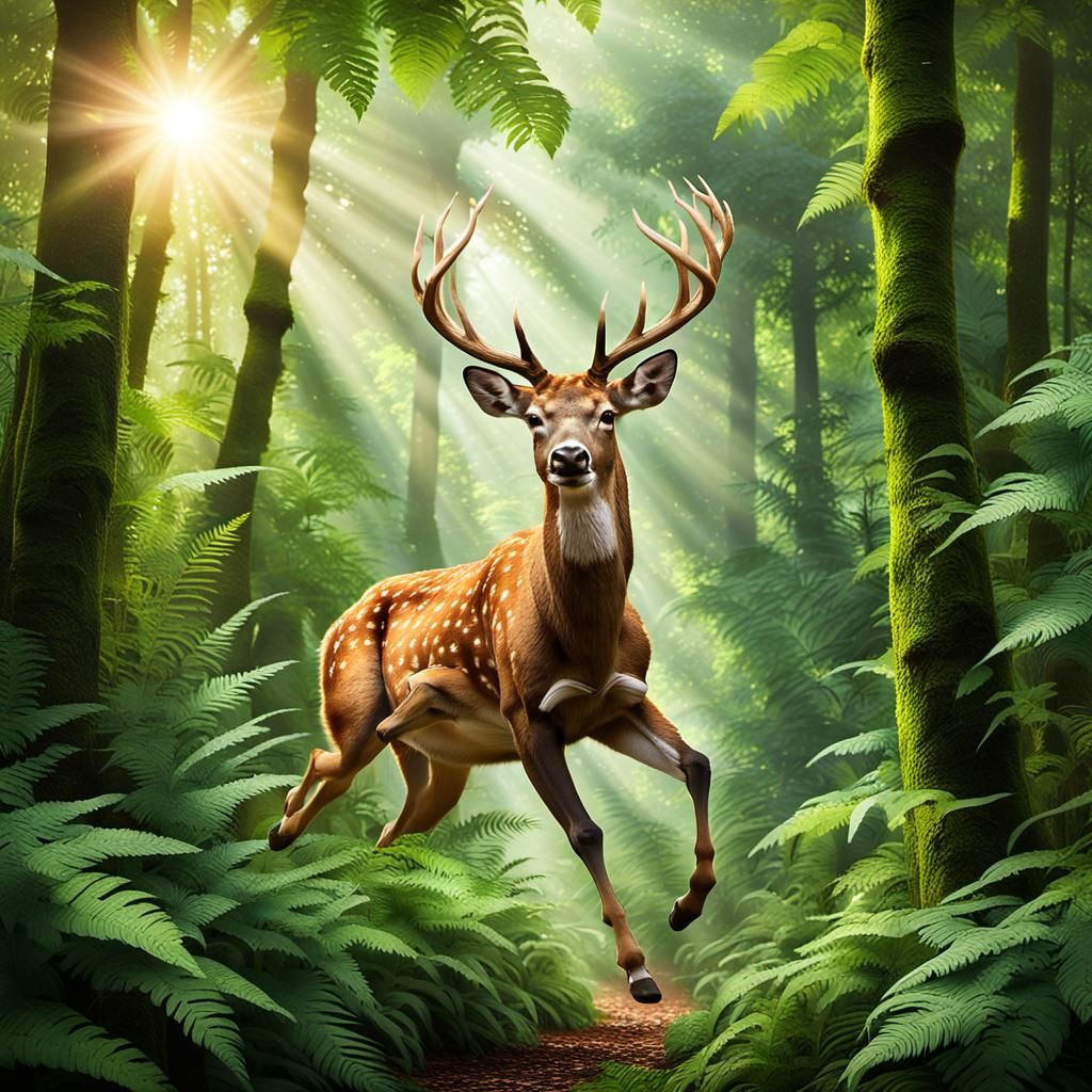 Deer Running Through Jungle, 3D Digital Art