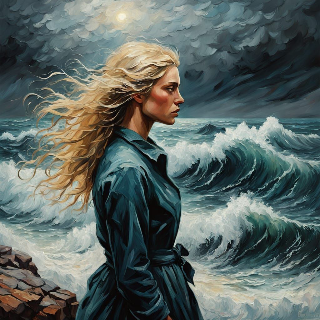 Ethereal Girl Defies Stormy Seas in Impasto Oil Painting