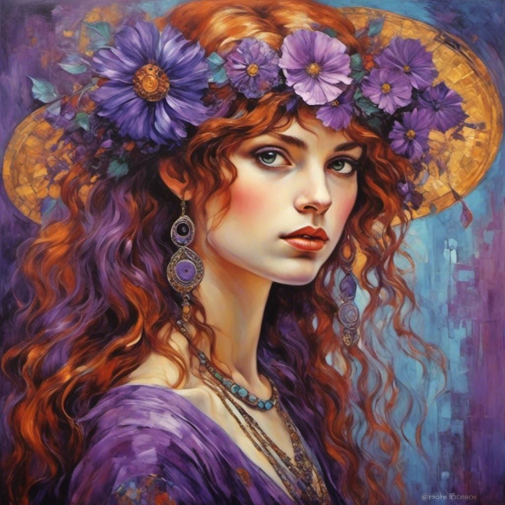 Psychedelic Gypsy Girl in Art Nouveau Style