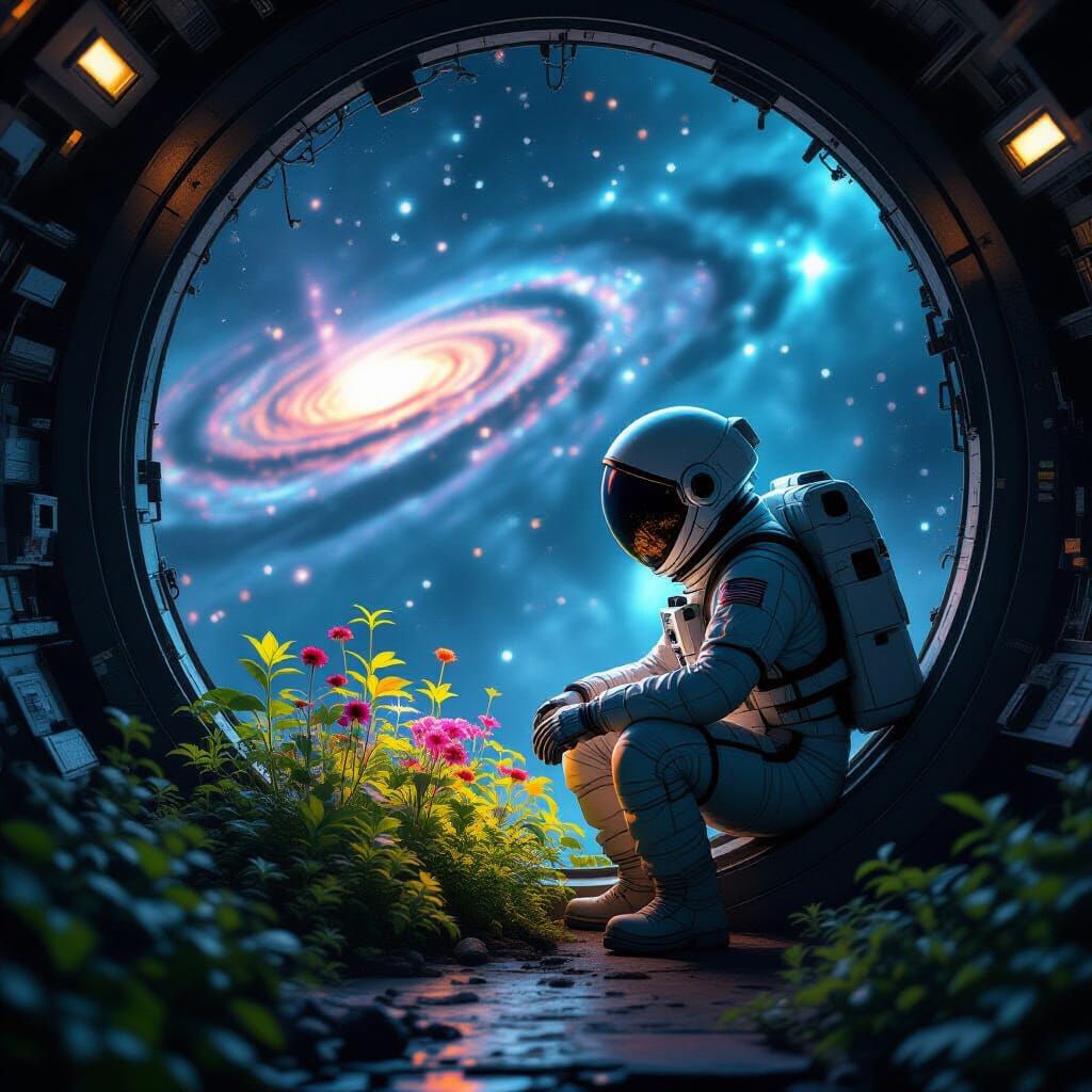 Astronaut's Bioluminescent Garden in Derelict Spaceship