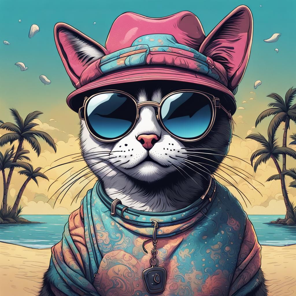 Cool Cat with Sunglasses on Beach: Vector Art