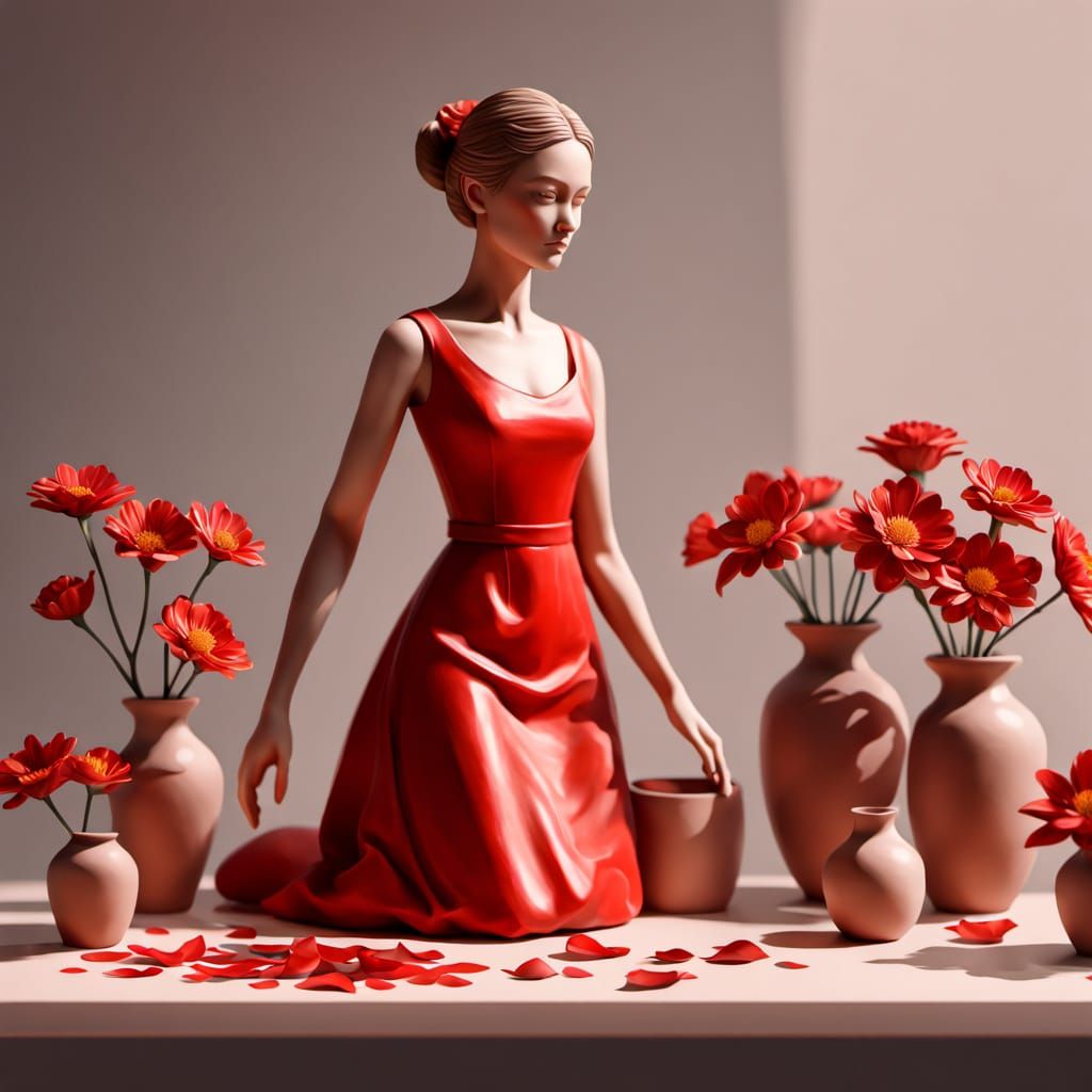 Clay Woman Holding Miniature Figurine: Digital Art