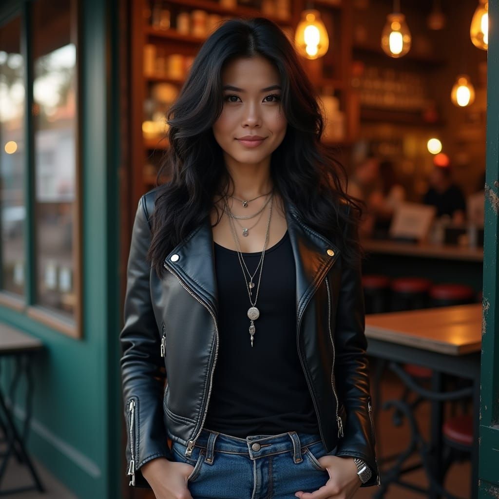 Hyperrealistic Photo: Confident Asian American Woman in Bike...